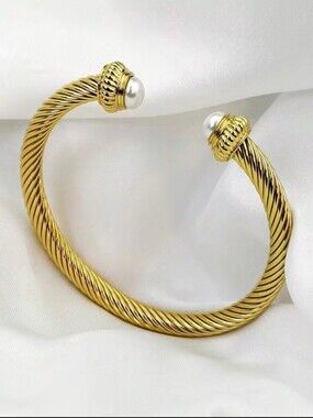 18K Gold PlatedTwisted Cable Pearl-Ended Cuff Bracelet